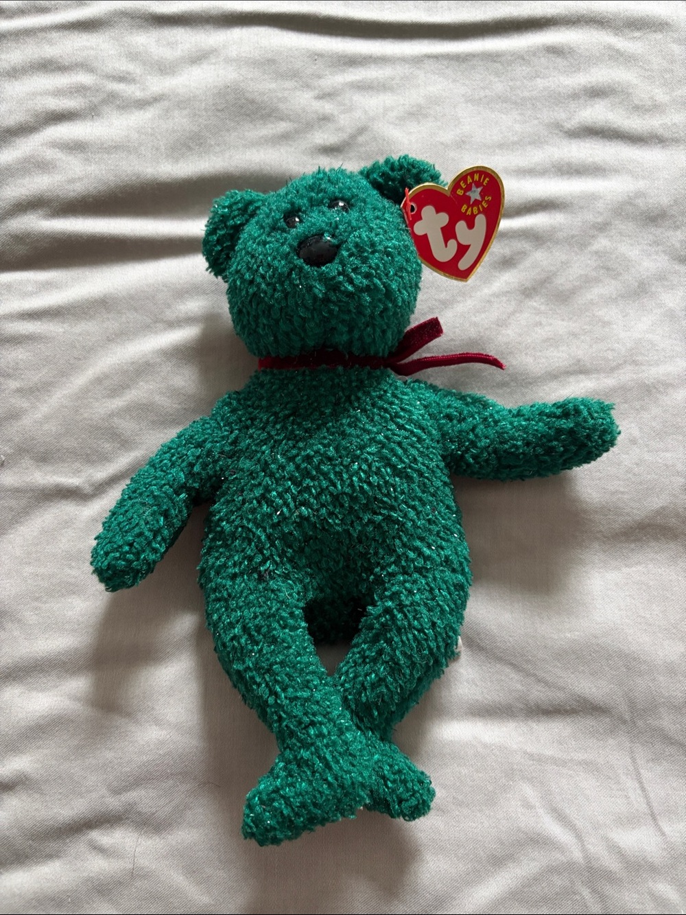 Ty Green Beanie Baby Teddy Bear with Red Ribbon